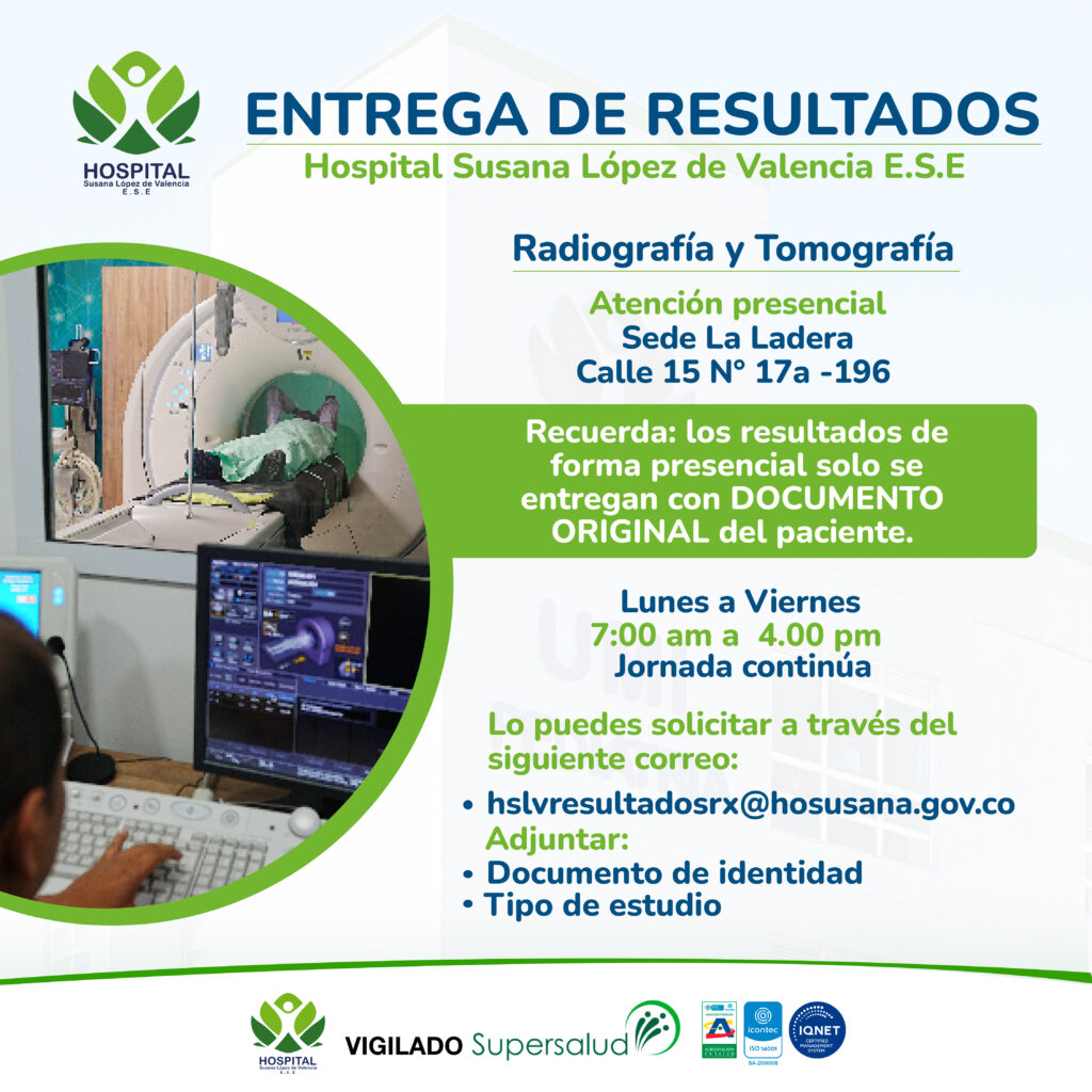 Indicaciones para reclamar resultados de radiografías y tomografías en el Hospital Susana López de Valencia.