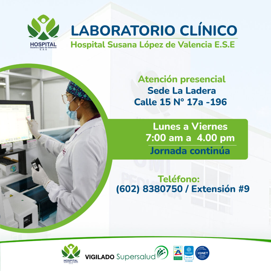 Horarios y contacto del servicio de Laboratorio Clínico del Hospital Susana López de Valencia.