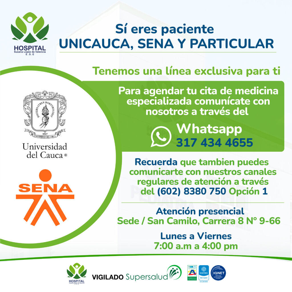 Línea exclusiva de atención para pacientes de Unicauca, SENA y particulares en el Hospital Susana López de Valencia
