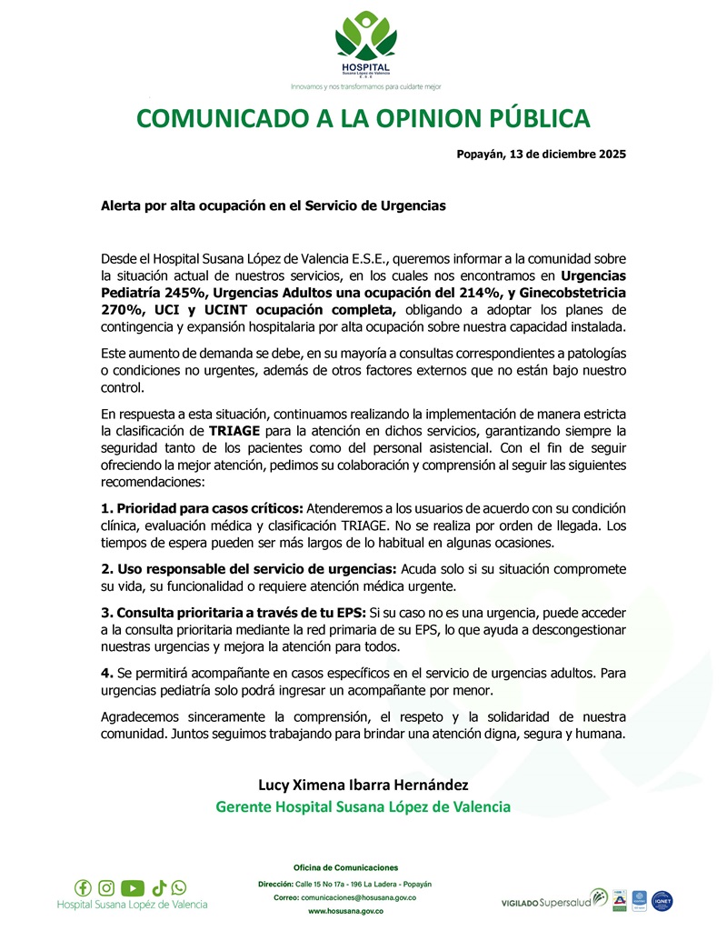 Comunicado de alerta que informa sobre la alta ocupación en el servicio de urgencias.